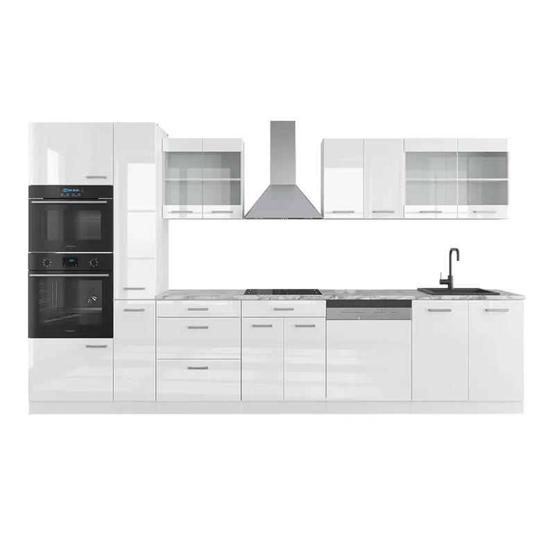 Přímo Od Výrobce Kuchyňský kout R-Line Bílá vysoký lesk/bílá 350 cm s vysokou skříní, s pracovní deskou Vicco