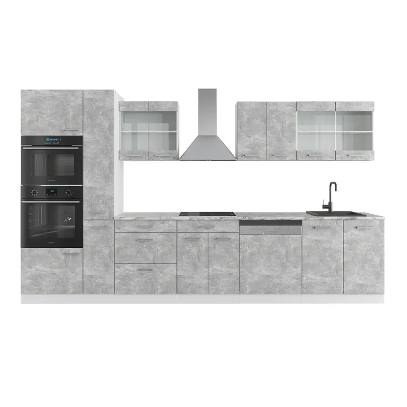 Novinka Kuchyňský kout R-Line Beton/bílá 350 cm s vysokou skříní, bez pracovní desky Vicco