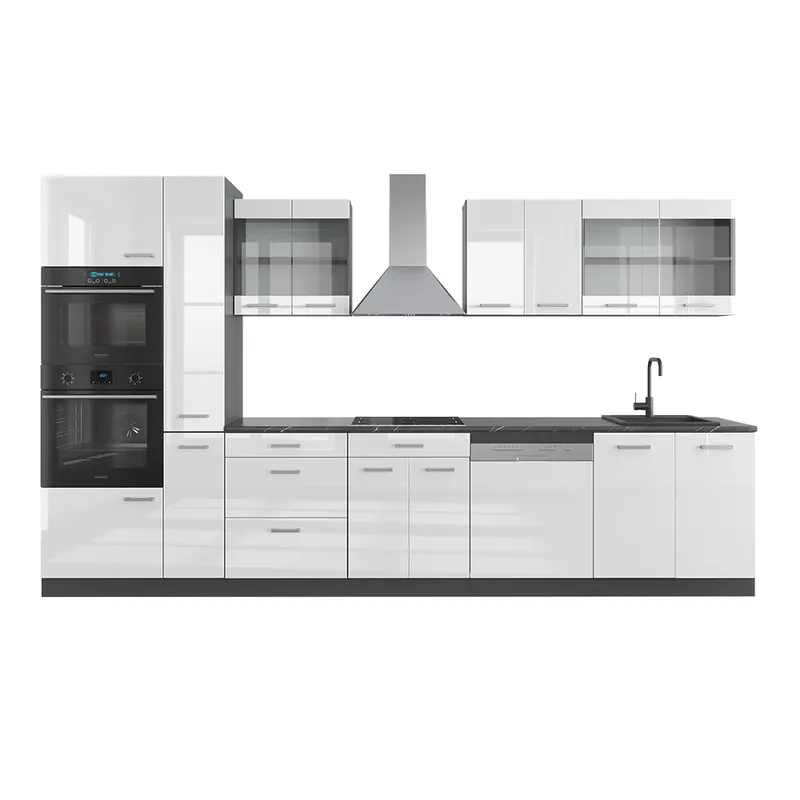 Kuchyně R-Line Bílý vysoký lesk/antracit 350 cm s vysokou skříní, bez pracovní desky Vicco Aktuální