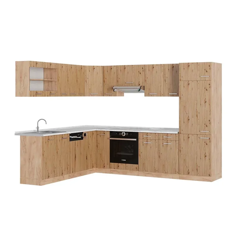 Rohová kuchyň R-Line Řemeslný dub/Zlatý mocný dub 287 x 227 cm s pracovní deskou Vicco Víkendová Akce
