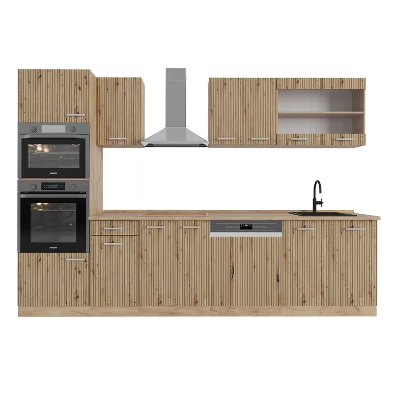 Značkový Kuchyňský kout R-Line Dub Artisan / dub Goldkraft 300 cm s vysokou skříní, bez pracovní desky Vicco