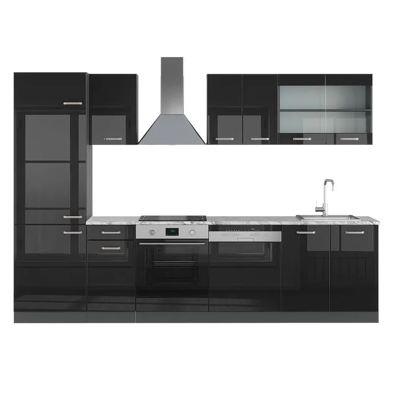 Kuchyňský kout R-Line Vysoce lesklá černá/antracitová 300 cm , PD Mramor Vicco Kup Teď