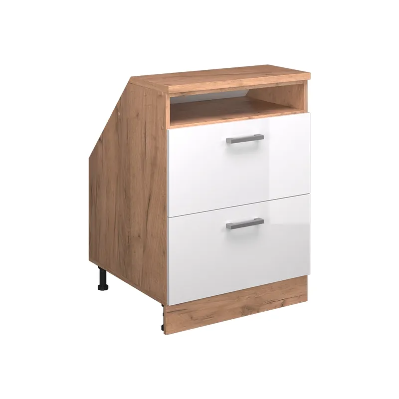 Přímo Od Výrobce Kuchyňská skříňka pod šikmou střechu R-Line Bílá vysoký lesk 60 cm se 2 zásuvkami, korpus skříně hloubka 60 cm Vicco