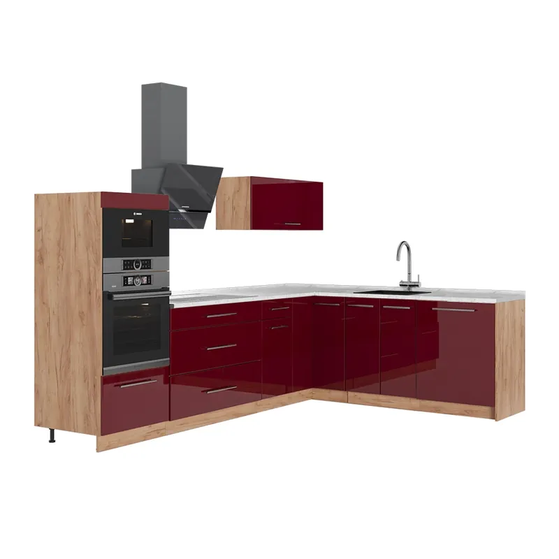 Bezpečná Platba Rohová kuchyň Fame-Line Bordó červená vysoký lesk/Zlatý mocný dub 287 x 60 cm, PD Mramor Vicco