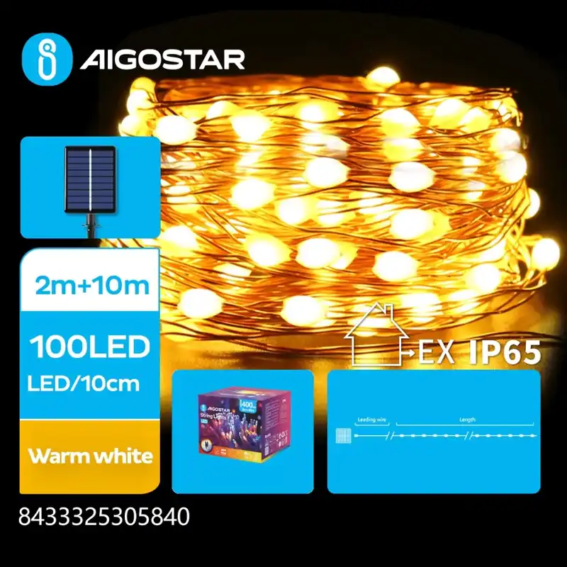 Aigostar - LED Solární řetěz 100xLED/8 funkcí 12m 800 mAh IP65 teplá bílá Odeslání Ihned