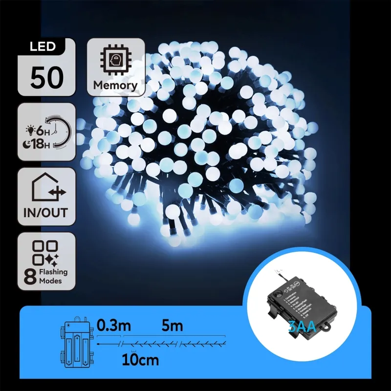 Horká Nabídka Aigostar -LED Venkovní řetěz 50xLED/8 funkcí 3xAA 5,3m IP44 studená bílá