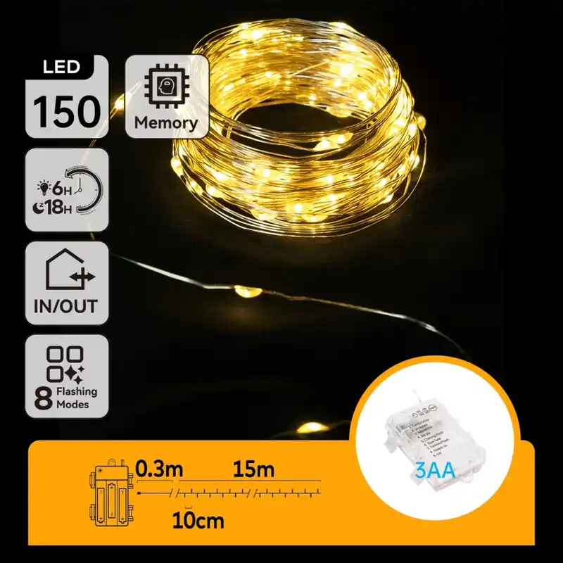 Značkový Aigostar -LED Venkovní řetěz 150xLED/8 funkcí 3xAA 15,3m IP44 teplá bílá