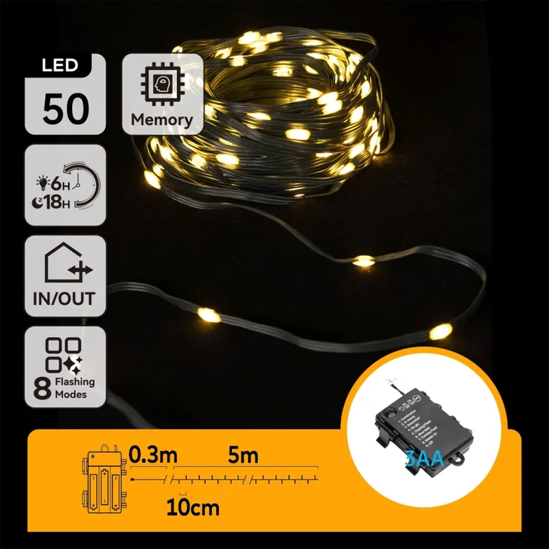 Super Cena Aigostar - LED Venkovní řetěz 50xLED/8 funkcí 3xAA 5,3m IP44 teplá bílá