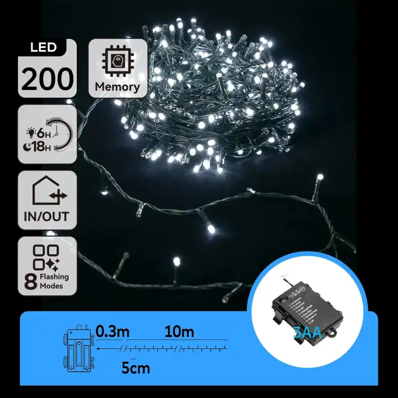 Aigostar - LED Venkovní vánoční řetěz 200xLED/8 funkcí/3xAA 10,3m IP44 studená bílá Nejprodávanější