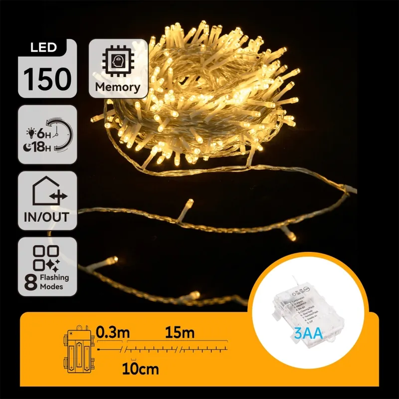 Cenově Výhodný Aigostar -LED Venkovní řetěz 150xLED/8 funkcí 3xAA 15,3m IP44 teplá bílá