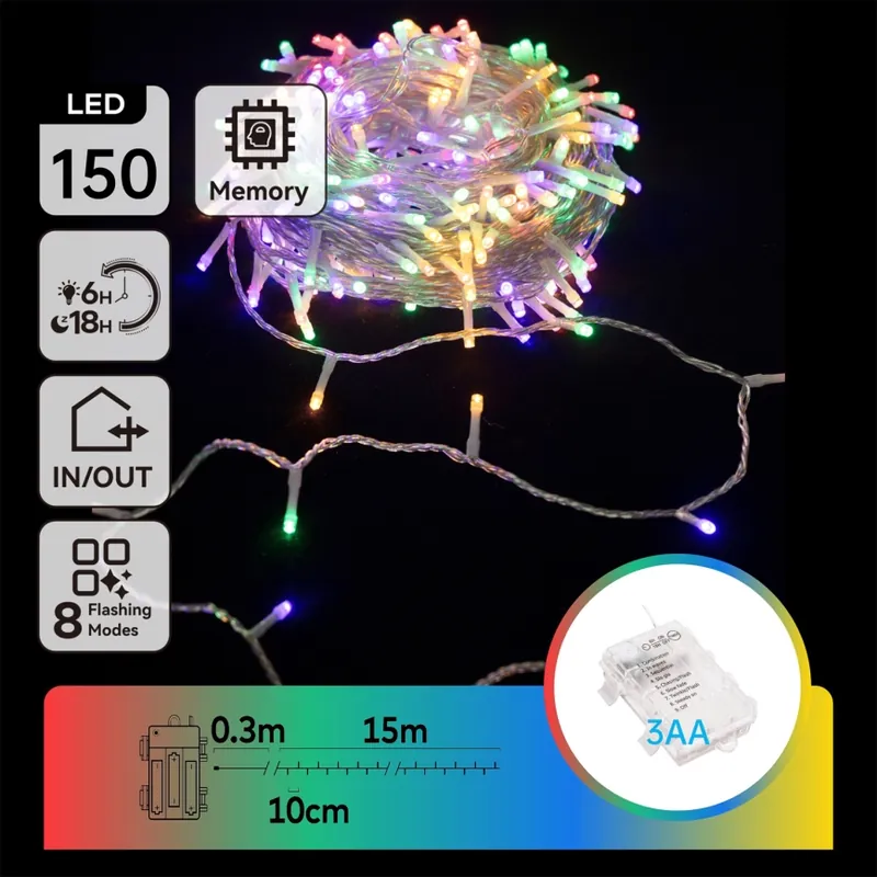 Aigostar -LED Venkovní řetěz 150xLED/8 funkcí 3xAA 15,3m IP44 multicolor Must-Have