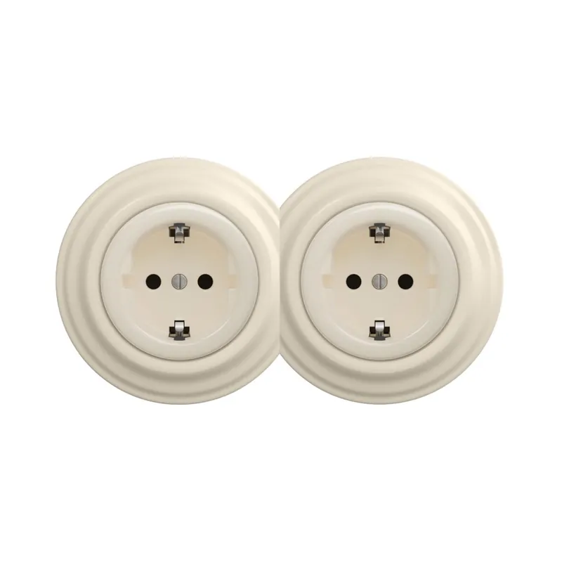 Reblig - Dvojitá retro zásuvka domovní s rámečkem SCHUKO 230V béžová Jen Po Omezenou Doba