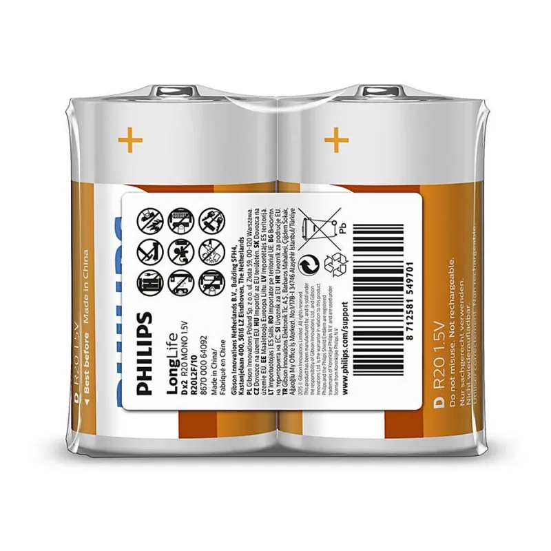 Philips R20L2F/10 - 2 ks Zinkochloridová baterie D LONGLIFE 1,5V 5000mAh Super Cena