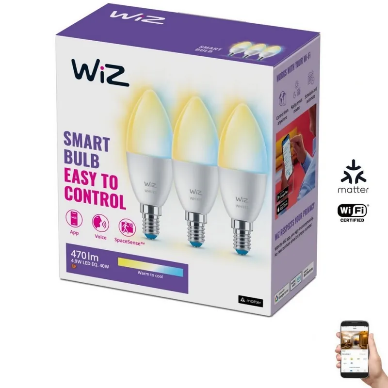 SADA 3x LED Stmívatelná žárovka C37 E14/4,9W/230V 2700-6500K CRI 90 Wi-Fi - WiZ Nízká Cena