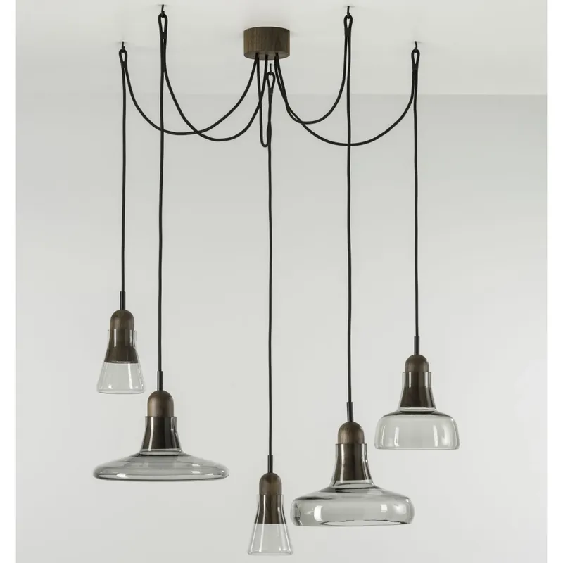 Brokis Shadows set free, závěsné svítidlo z foukaného skla, kouřové sklo - voskovaný dub - černý kabel, 5x5W LED GU10 dim Vysoce Kvalitní