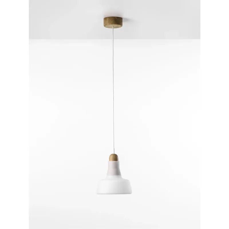 Brokis Shadows, závěsné svítidlo z foukaného skla, bílé triplexové sklo/ přírodní dub/ bílý kabel, 5W LED, prům. 18,9cm Autentický