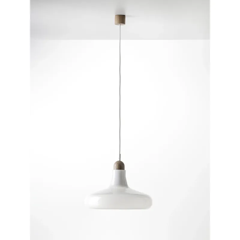 Brokis Shadows XL, závěsné svítidlo z foukaného skla, lesklé triplexové sklo/ voskovaný dub/ bílý kabel, 5W LED, prům. 39,5cm Bezpečná Platba