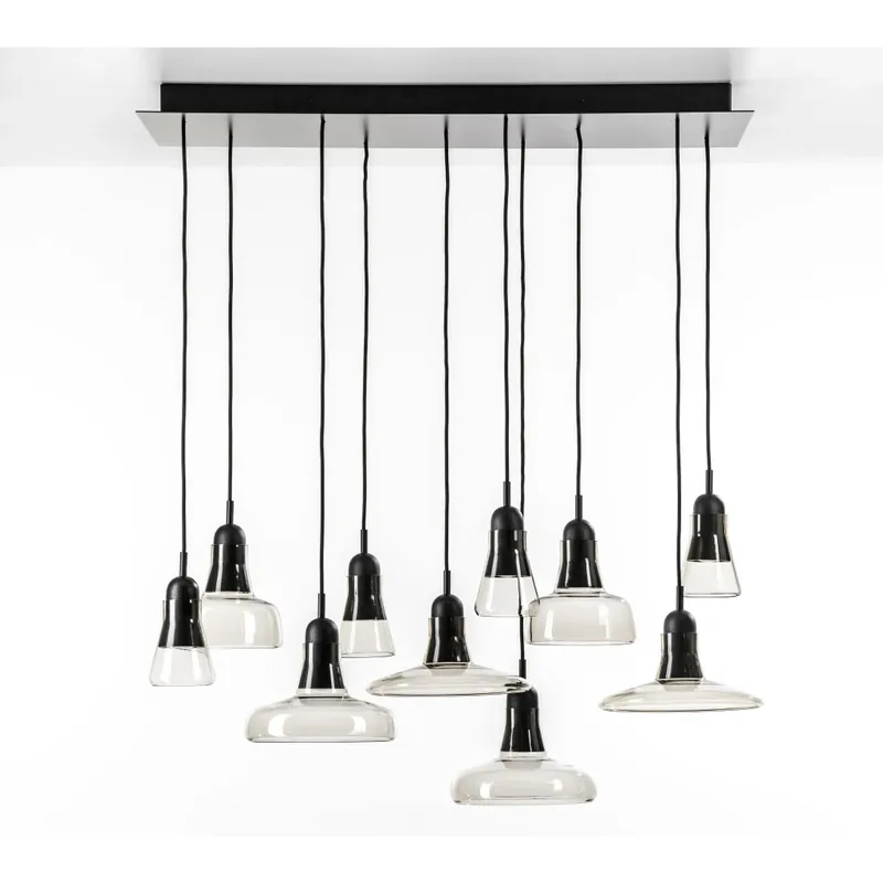 Výprodej Brokis Shadows set rectangular large, závěsné svítidlo, foukané kouřové hnědé sklo - černý dub - černý kabel, 10x5W LED GU10 dim, 100x36cm