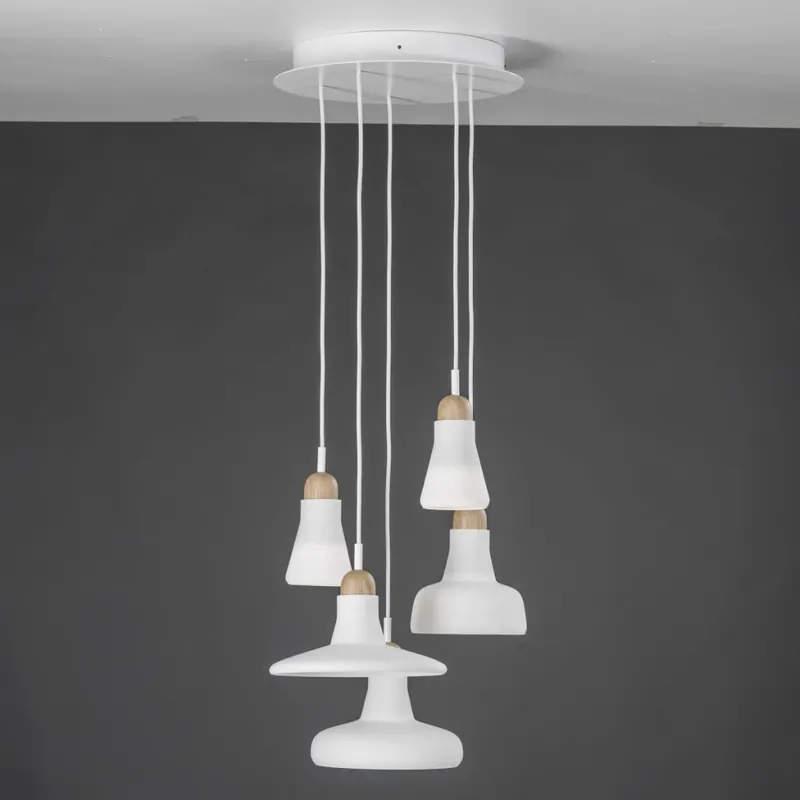 Časově Omezené Brokis Shadows set ring canopy, závěsné svítidlo z foukaného skla, bílé sklo - voskovaný dub - bílý kabel, 5x5W LED 2700K dim, prům. 40cm