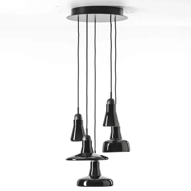 Brokis Shadows set ring canopy, závěsné svítidlo z foukaného skla, lesklé černé sklo - černý dub - černý kabel, 5x5W LED 2700K dim, prům. 40cm Oblíbený