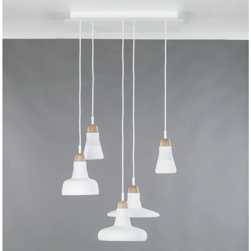Vysoce Kvalitní Brokis Shadows set rectangular small, závěsné svítidlo z foukaného skla, matně bílé sklo/surový dub/bílý kabel, 5x5W LED, 60x36cm