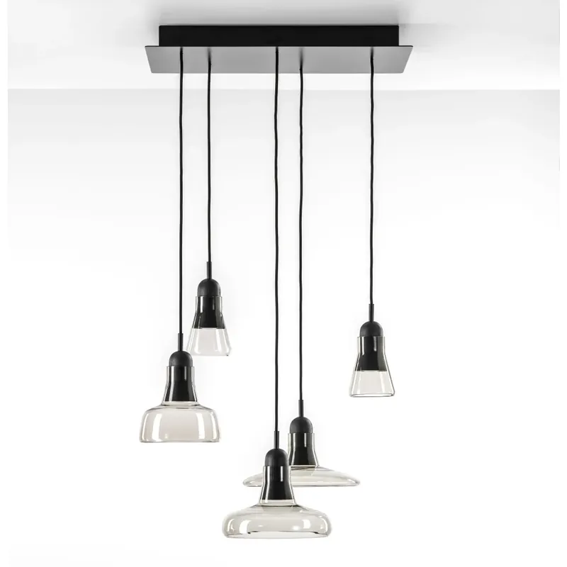 Brokis Shadows set rectangular small, závěsné svítidlo z foukaného skla, kouřové hnědé sklo/černý dub/černý kabel, 5x5W LED, 60x36cm Oblíbený