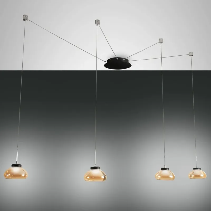 Vysoce Kvalitní Fabas Arabella, závěsné svítidlo z ambrového skla s prodlouženými závěsy, 4x8W 3000K, prům. 14cm