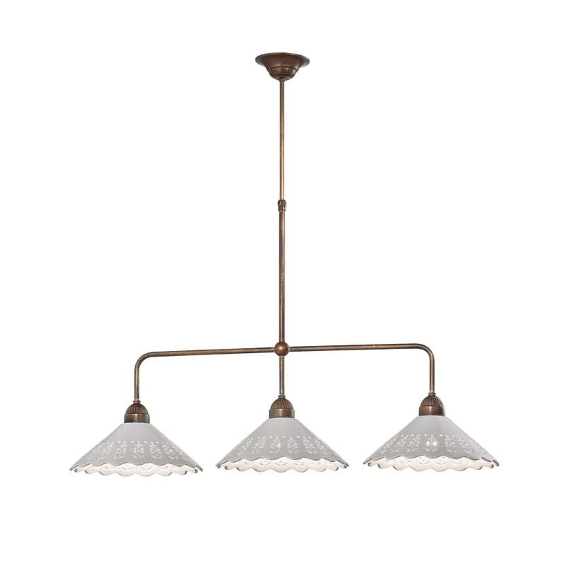 Akce Il Fanale Fior di Pizzo, závěsné svítidlo v rustikálním stylu z antické mosazi a keramiky, 3x15W LED E27, délka 115cm