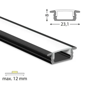 Vestavný hliníkový profil VP, 23x8 mm černý včetně mléčného difuzoru, 1 m Autentický